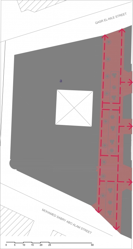 <a class="fancybox" rel="gallery-accessibility-and-circulation" href="https://www.passageways.clustermappinginitiative.org/sites/default/files/styles/largest/public/p1_circulation.jpg?itok=Lpj_D6hN" title="Pedestrian circulation analysis">Enlarge</a><br >Pedestrian circulation analysis<br />This passageway has two entrances from streets and leads to three passageways perpendicular to it. 